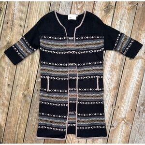 Black Fair Isle Geometric Long Short Sleeve Cardigan Sweater Jacket Womens M